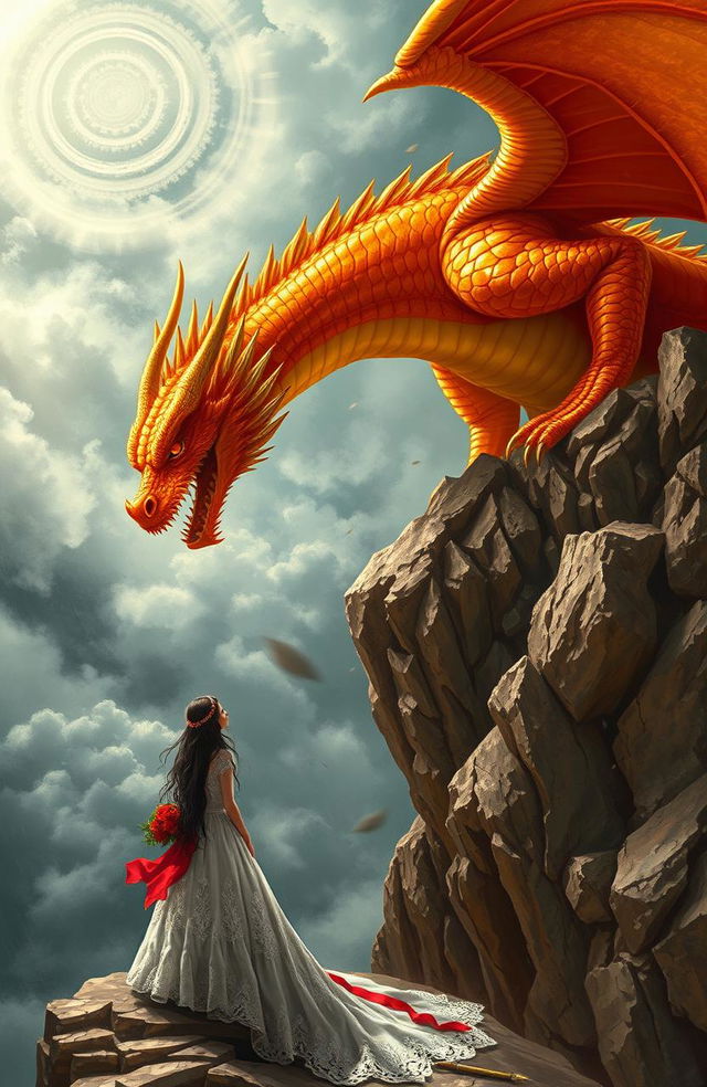 A majestic Golden Red King Dragon perched atop a rocky cliff, its dazzling golden scales glimmering in the sunlight, contrasting with deep crimson eyes filled with an intense disdain