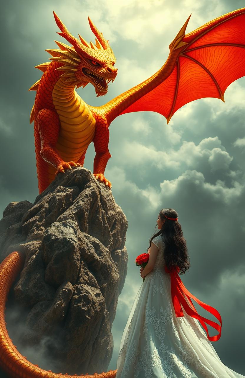 A majestic Golden Red King Dragon perched atop a rocky cliff, its dazzling golden scales glimmering in the sunlight, contrasting with deep crimson eyes filled with an intense disdain