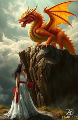 A majestic Golden Red King Dragon perched atop a rocky cliff, its dazzling golden scales glimmering in the sunlight, contrasting with deep crimson eyes filled with an intense disdain