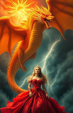 A majestic and fierce golden-red dragon, symbolizing the Golden Red King, soaring through the stormy skies with powerful wings spread wide