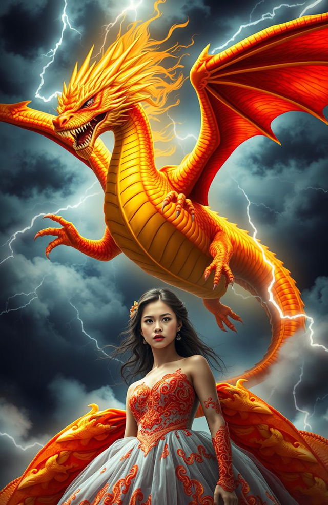 A majestic and fierce golden-red dragon, symbolizing the Golden Red King, soaring through the stormy skies with powerful wings spread wide