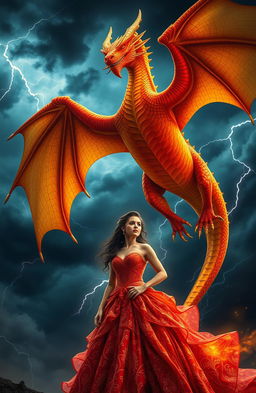 A majestic and fierce golden-red dragon, symbolizing the Golden Red King, soaring through the stormy skies with powerful wings spread wide