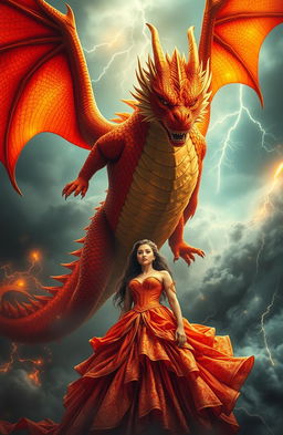 A majestic and fierce golden-red dragon, symbolizing the Golden Red King, soaring through the stormy skies with powerful wings spread wide