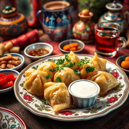 A vibrant and colorful depiction of Azerbaijani хингал (doughy dumplings) served on a traditional plate, garnished with fresh herbs like coriander and parsley, accompanied by a rich yogurt dip