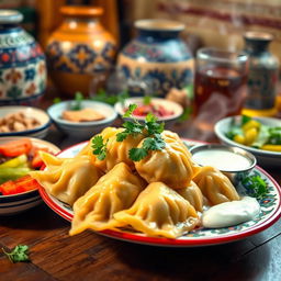 A vibrant and colorful depiction of Azerbaijani хингал (doughy dumplings) served on a traditional plate, garnished with fresh herbs like coriander and parsley, accompanied by a rich yogurt dip