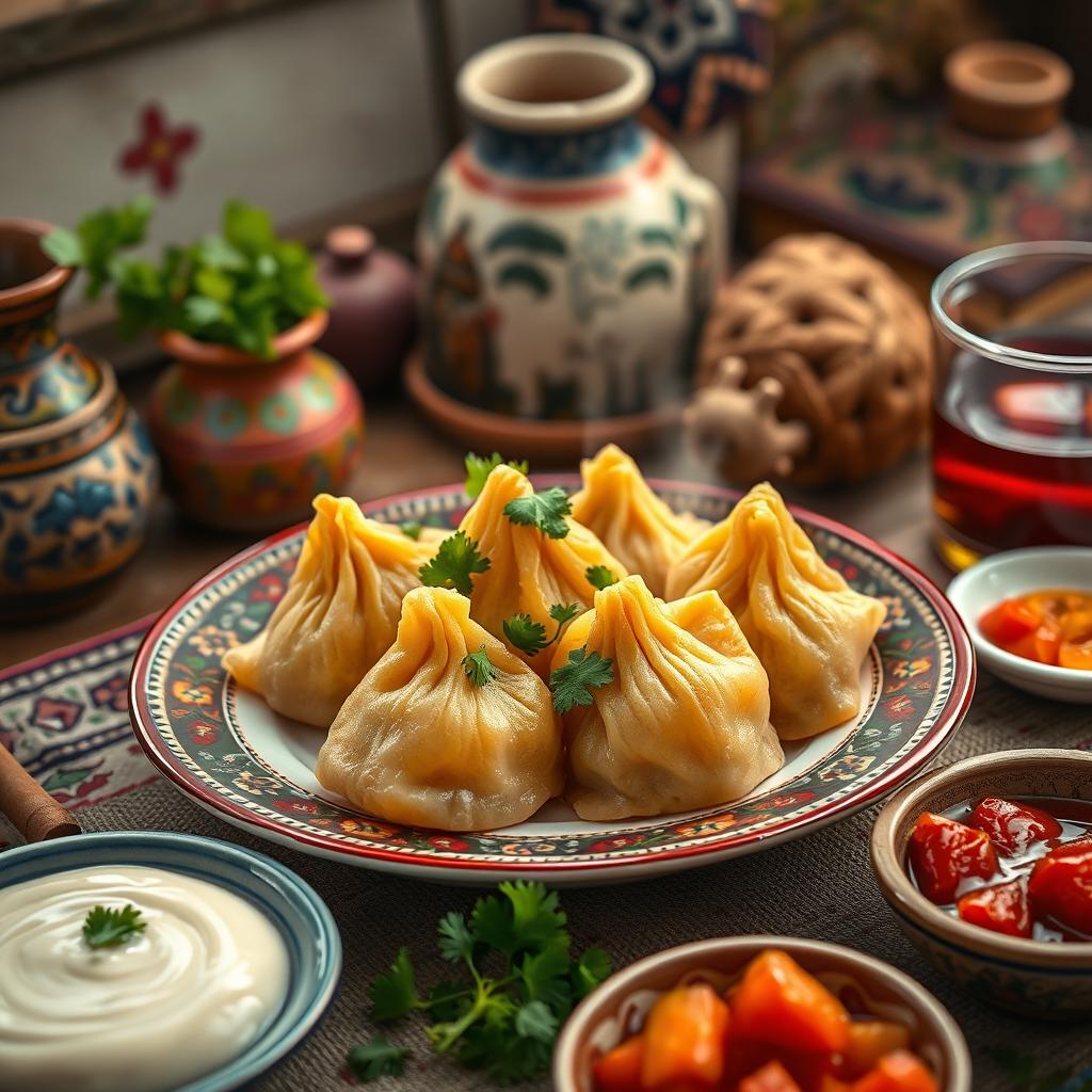 A vibrant and colorful depiction of Azerbaijani хингал (doughy dumplings) served on a traditional plate, garnished with fresh herbs like coriander and parsley, accompanied by a rich yogurt dip