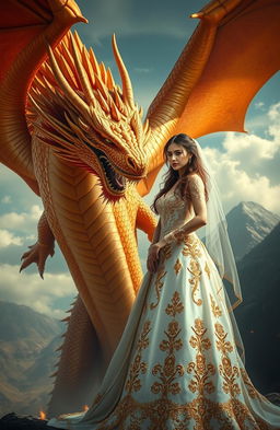 A magnificent golden and red dragon, with regal scales that shimmer in the sunlight, fierce eyes, and powerful wings, glaring down at a beautiful bride dressed in an elaborately detailed, flowing white gown adorned with intricate gold embroidery
