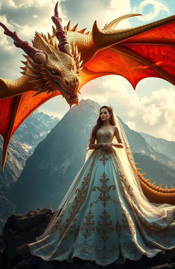 A magnificent golden and red dragon, with regal scales that shimmer in the sunlight, fierce eyes, and powerful wings, glaring down at a beautiful bride dressed in an elaborately detailed, flowing white gown adorned with intricate gold embroidery