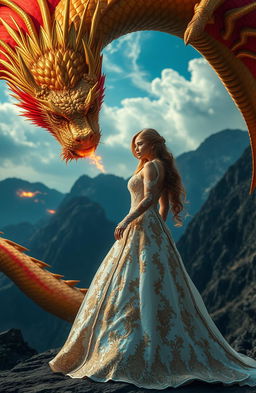 A magnificent golden and red dragon, with regal scales that shimmer in the sunlight, fierce eyes, and powerful wings, glaring down at a beautiful bride dressed in an elaborately detailed, flowing white gown adorned with intricate gold embroidery