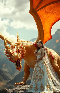 A magnificent golden and red dragon, with regal scales that shimmer in the sunlight, fierce eyes, and powerful wings, glaring down at a beautiful bride dressed in an elaborately detailed, flowing white gown adorned with intricate gold embroidery