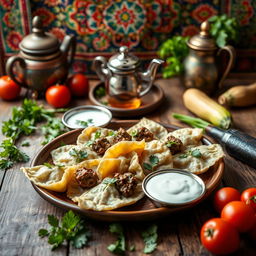 A beautiful scene of Azerbaijani khingal, a traditional dish, presented on a rustic wooden table