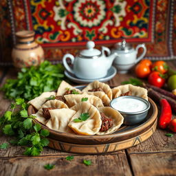 A beautiful scene of Azerbaijani khingal, a traditional dish, presented on a rustic wooden table