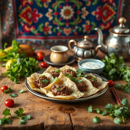 A beautiful scene of Azerbaijani khingal, a traditional dish, presented on a rustic wooden table