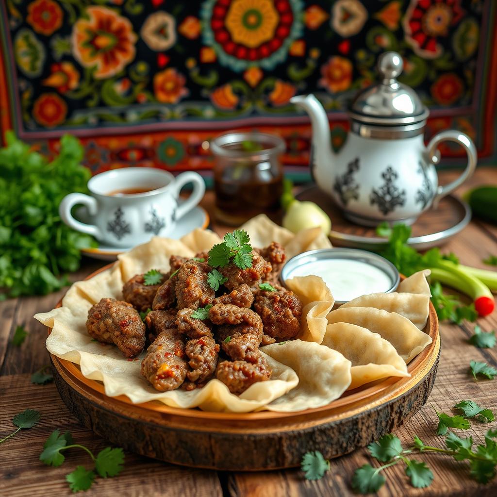 A beautiful scene of Azerbaijani khingal, a traditional dish, presented on a rustic wooden table