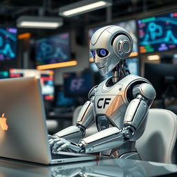 An intelligent, futuristic robot diligently working on a sleek computer