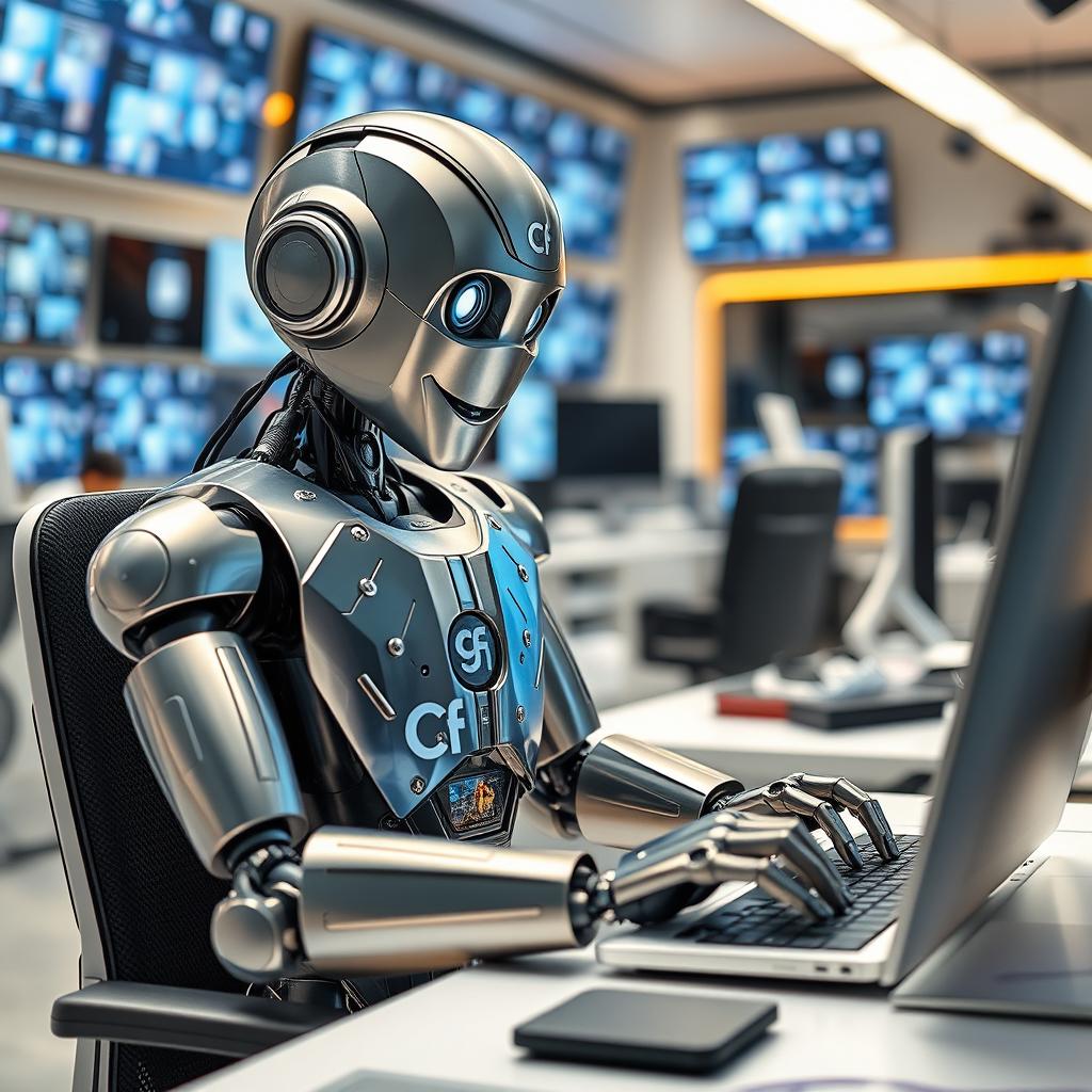 An intelligent, futuristic robot diligently working on a sleek computer