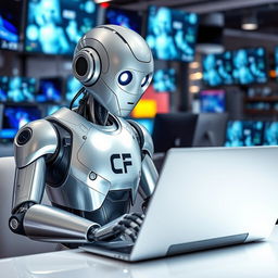 An intelligent, futuristic robot diligently working on a sleek computer