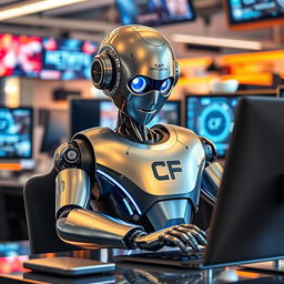 An intelligent, futuristic robot diligently working on a sleek computer