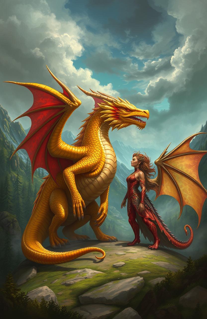 A fantasy scene depicting the Golden Red King, a majestic dragon with shimmering golden scales and red accents, fiercely guarding his territory