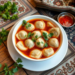 A traditional Azerbaijani Hinkal dish placed on a rustic wooden table