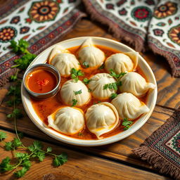 A traditional Azerbaijani Hinkal dish placed on a rustic wooden table