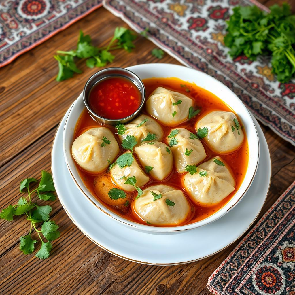 A traditional Azerbaijani Hinkal dish placed on a rustic wooden table
