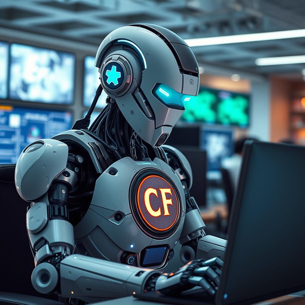 A futuristic robot working diligently at a computer, showcasing intricate mechanical details and glowing elements