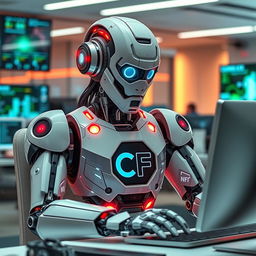 A futuristic robot working diligently at a computer, showcasing intricate mechanical details and glowing elements