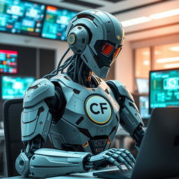 A futuristic robot working diligently at a computer, showcasing intricate mechanical details and glowing elements