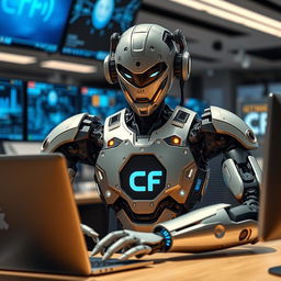 A futuristic robot working diligently at a computer, showcasing intricate mechanical details and glowing elements