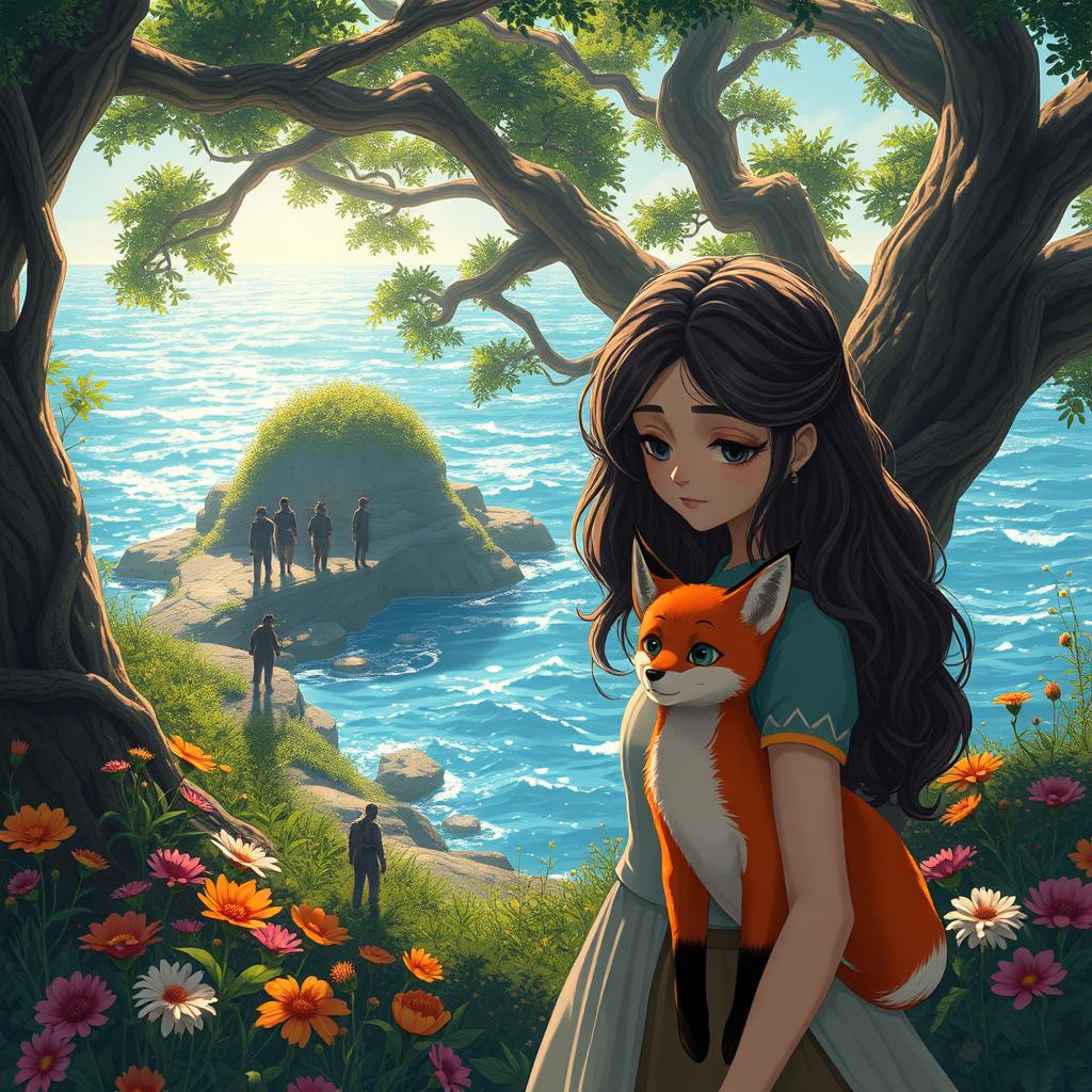 A grieving protagonist stands on the enchanting Island of Thrylos, a mythical land rich in lush greenery and vibrant flowers, with an ocean background that sparkles under the sunlight