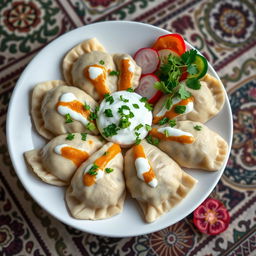 A beautifully arranged plate of Azerbaijani khinkal, showcasing large dumplings with a savory filling