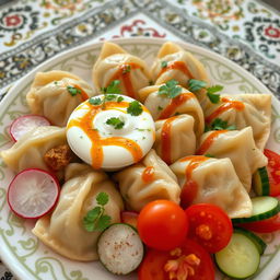A beautifully arranged plate of Azerbaijani khinkal, showcasing large dumplings with a savory filling