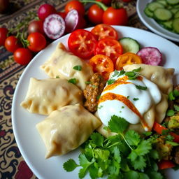 A beautifully arranged plate of Azerbaijani khinkal, showcasing large dumplings with a savory filling