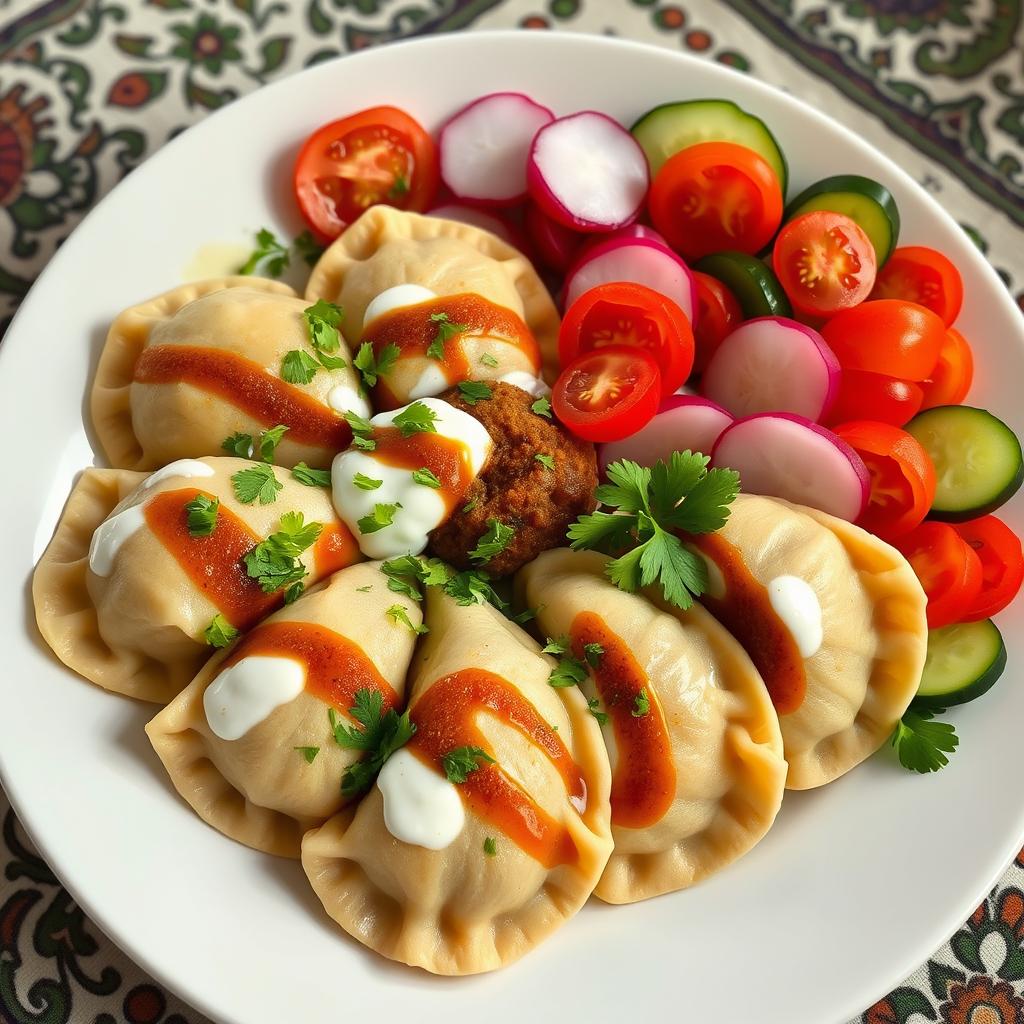 A beautifully arranged plate of Azerbaijani khinkal, showcasing large dumplings with a savory filling