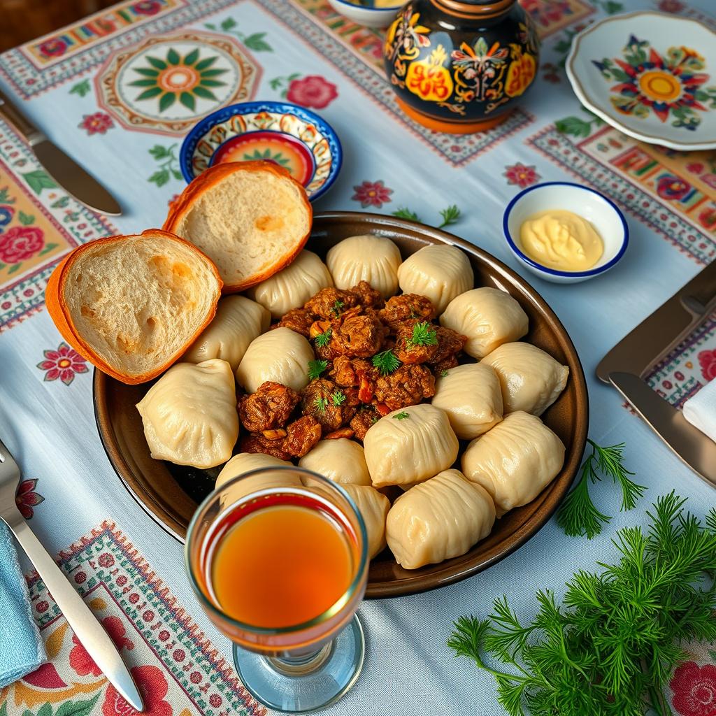 An authentic Azerbaijani khinkal on a beautifully arranged table
