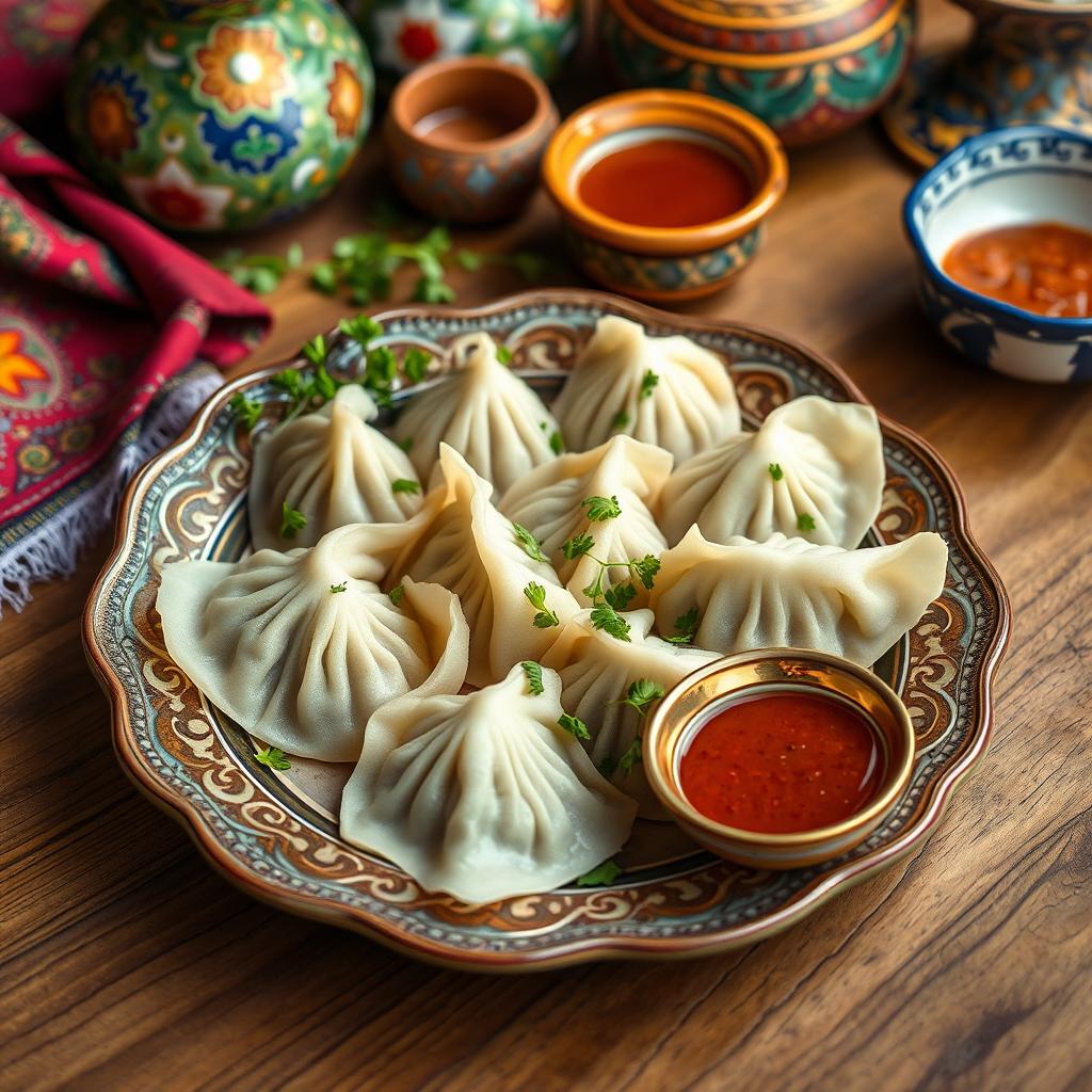A beautifully arranged plate of Azerbaijani khinkali (dumplings), showcasing fluffy, steamed dumplings filled with seasoned meat, herbs, and spices