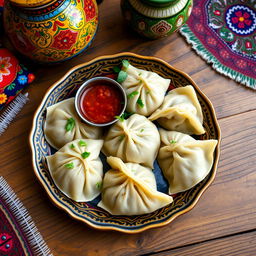A beautifully arranged plate of Azerbaijani khinkali (dumplings), showcasing fluffy, steamed dumplings filled with seasoned meat, herbs, and spices