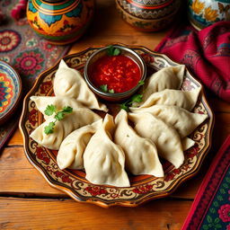 A beautifully arranged plate of Azerbaijani khinkali (dumplings), showcasing fluffy, steamed dumplings filled with seasoned meat, herbs, and spices