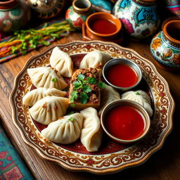 A beautifully arranged plate of Azerbaijani khinkali (dumplings), showcasing fluffy, steamed dumplings filled with seasoned meat, herbs, and spices