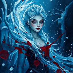 A dramatic and intense scene depicting a stylized fantasy representation of Elsa from Frozen in a dark, gothic environment