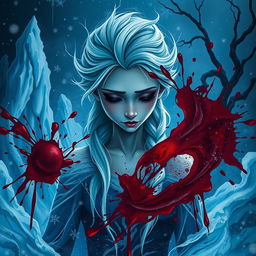 A dramatic and intense scene depicting a stylized fantasy representation of Elsa from Frozen in a dark, gothic environment