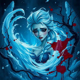 A dramatic and intense scene depicting a stylized fantasy representation of Elsa from Frozen in a dark, gothic environment