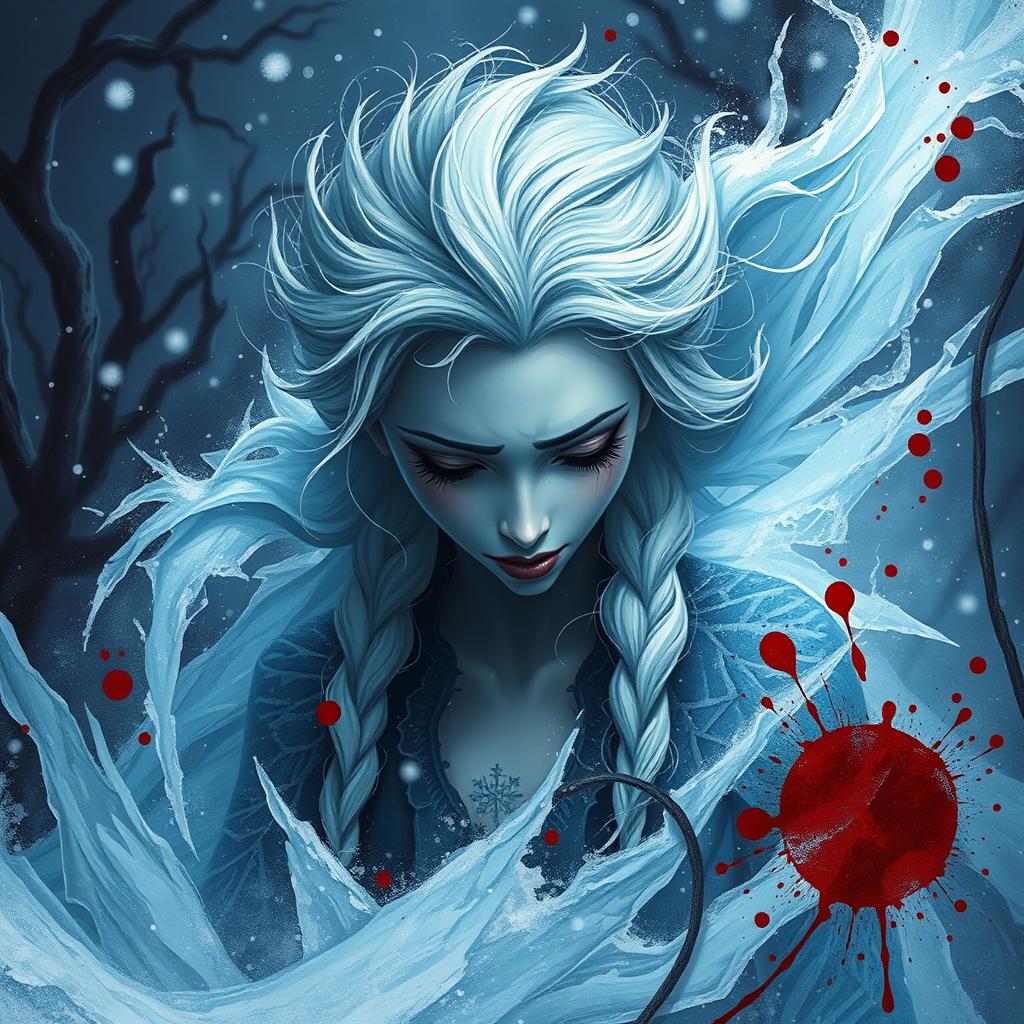 A dramatic and intense scene depicting a stylized fantasy representation of Elsa from Frozen in a dark, gothic environment