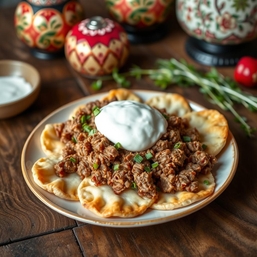 A beautifully arranged plate of Azerbaijani khinkal, showcasing freshly cooked dough slices topped with tender, finely chopped meat and a generous dollop of creamy yogurt