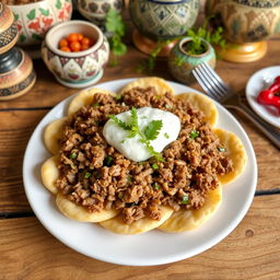A beautifully arranged plate of Azerbaijani khinkal, showcasing freshly cooked dough slices topped with tender, finely chopped meat and a generous dollop of creamy yogurt