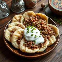 A beautifully arranged plate of Azerbaijani khinkal, showcasing freshly cooked dough slices topped with tender, finely chopped meat and a generous dollop of creamy yogurt