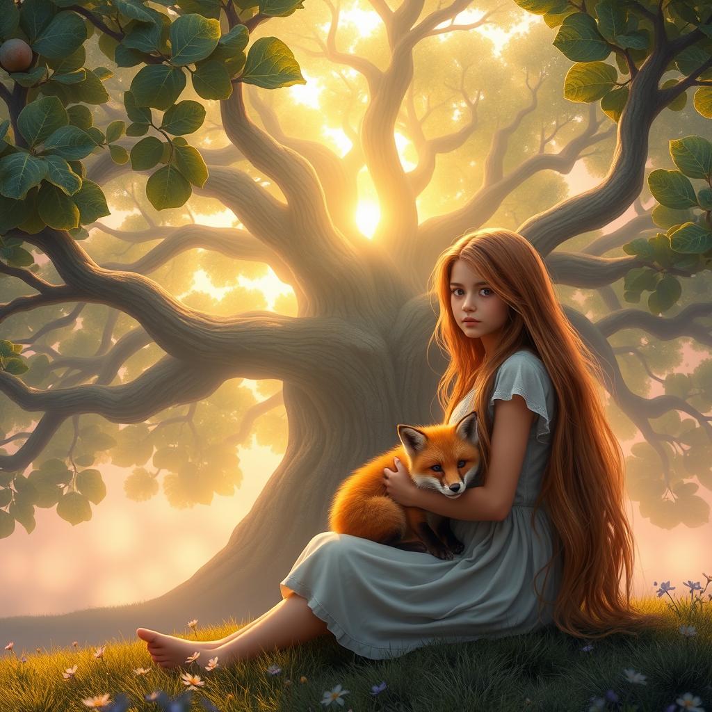 A beautiful fantasy scene at dawn featuring a teenage girl with long, flowing hair sitting in front of a magnificent, huge fig tree