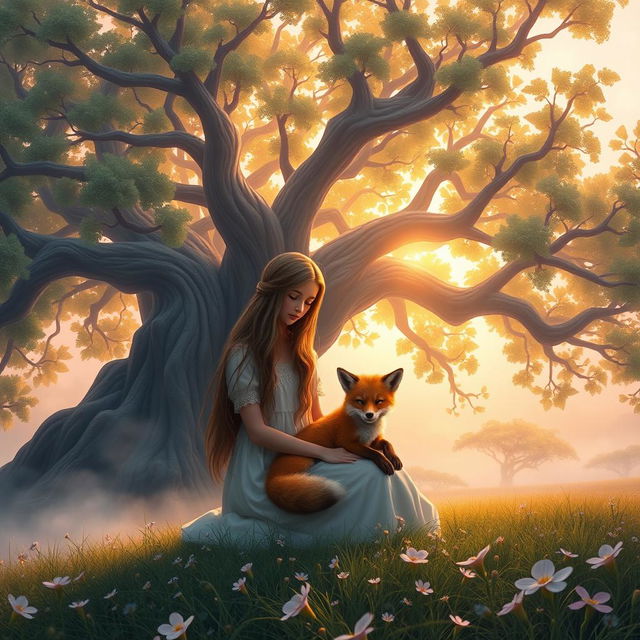 A beautiful fantasy scene at dawn featuring a teenage girl with long, flowing hair sitting in front of a magnificent, huge fig tree