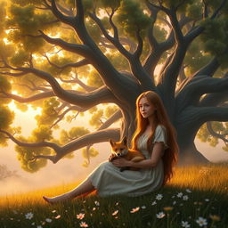 A beautiful fantasy scene at dawn featuring a teenage girl with long, flowing hair sitting in front of a magnificent, huge fig tree